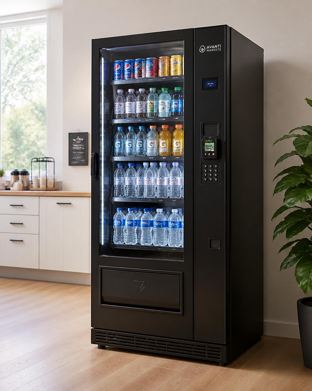 Refrigerated beverage vending machine stocked with cold drinks